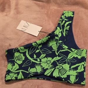 Zara One-Shoulder Floral Top in Navy and Green